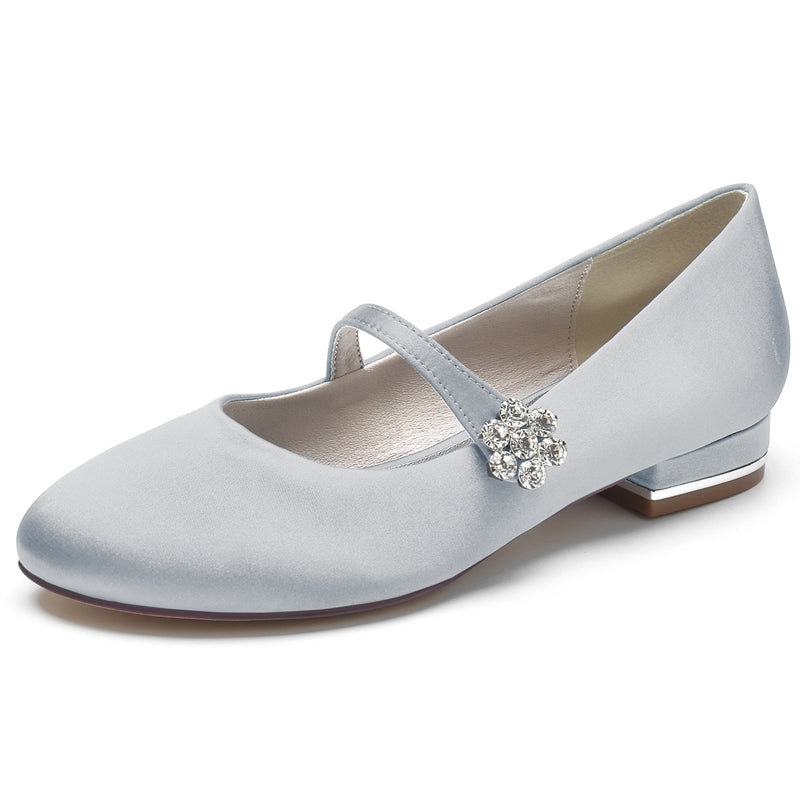 Women's Wedding Shoes Round Toe Low Heel Retro Bridal Shoes with Instep Strap & Rhinestone