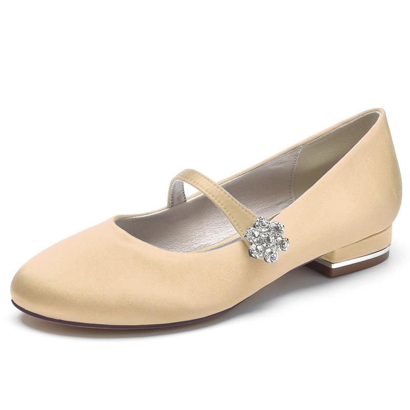 Women's Wedding Shoes Round Toe Low Heel Retro Bridal Shoes with Instep Strap & Rhinestone