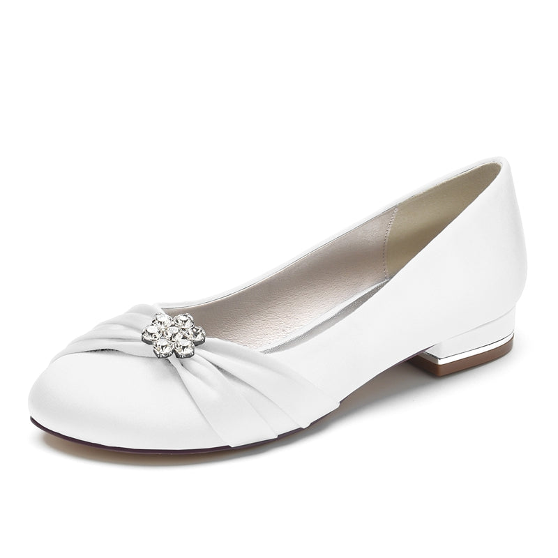 Women's Wedding Shoes Closed Toe Square Heel Elegant Bridal Shoes with Ruffles & Rhinestone