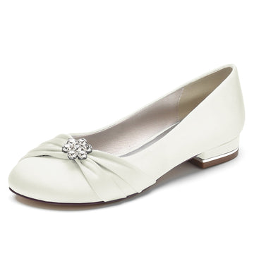 Women's Wedding Shoes Closed Toe Square Heel Elegant Bridal Shoes with Ruffles & Rhinestone