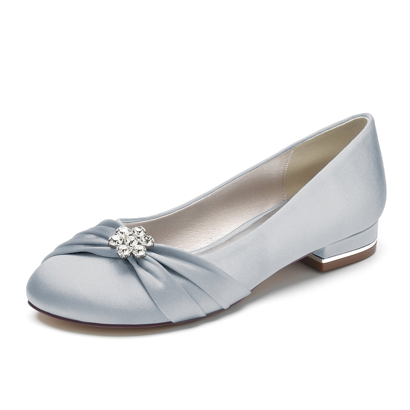 Women's Wedding Shoes Closed Toe Square Heel Elegant Bridal Shoes with Ruffles & Rhinestone
