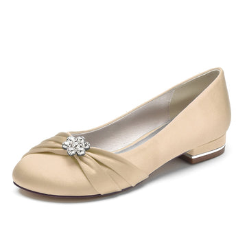 Women's Wedding Shoes Closed Toe Square Heel Elegant Bridal Shoes with Ruffles & Rhinestone