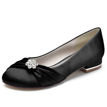 Women's Wedding Shoes Closed Toe Square Heel Elegant Bridal Shoes with Ruffles & Rhinestone