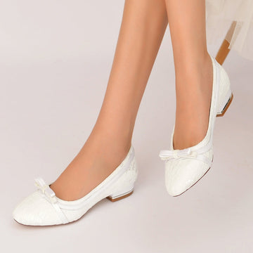 Women's Wedding Shoes White Round Toe Flat Heel Bowknot Elegant Bridal Shoes