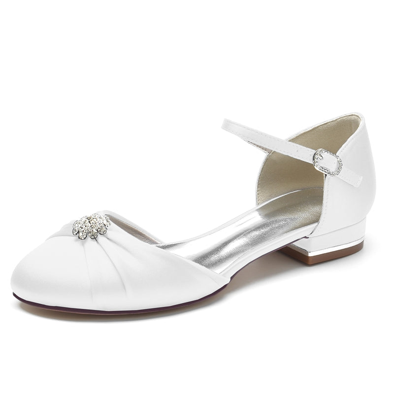 Women's Wedding Shoes Closed Toe Stylish Buckle Bridal Shoes with Rhinestone & Ruffles