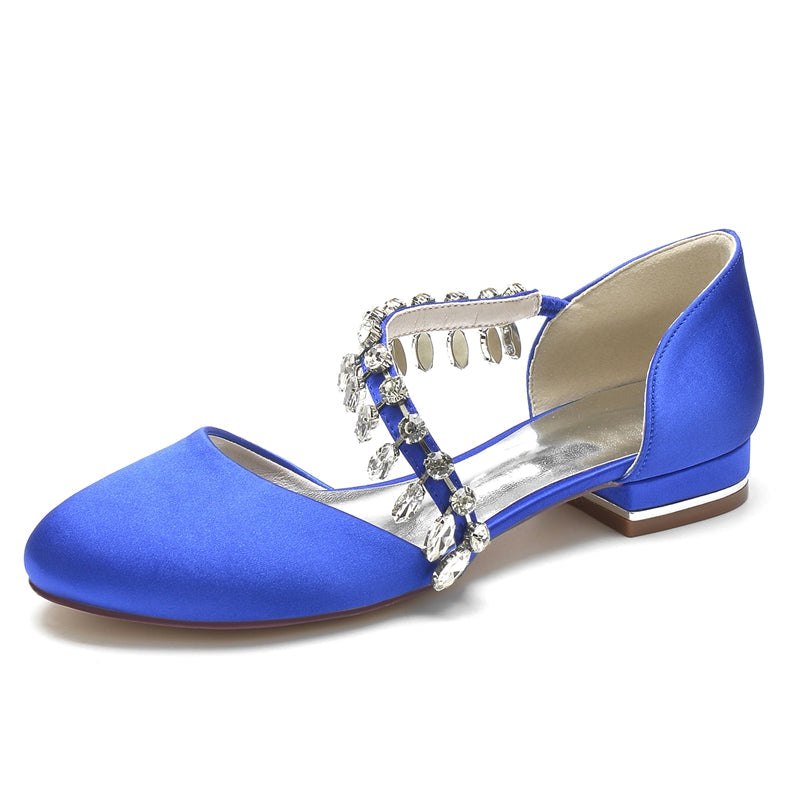 Women's Wedding Shoes Round Toe Flat Heel Silk Satin Bridal Shoes with Rhinestone Strap
