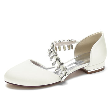 Women's Wedding Shoes Round Toe Flat Heel Silk Satin Bridal Shoes with Rhinestone Strap