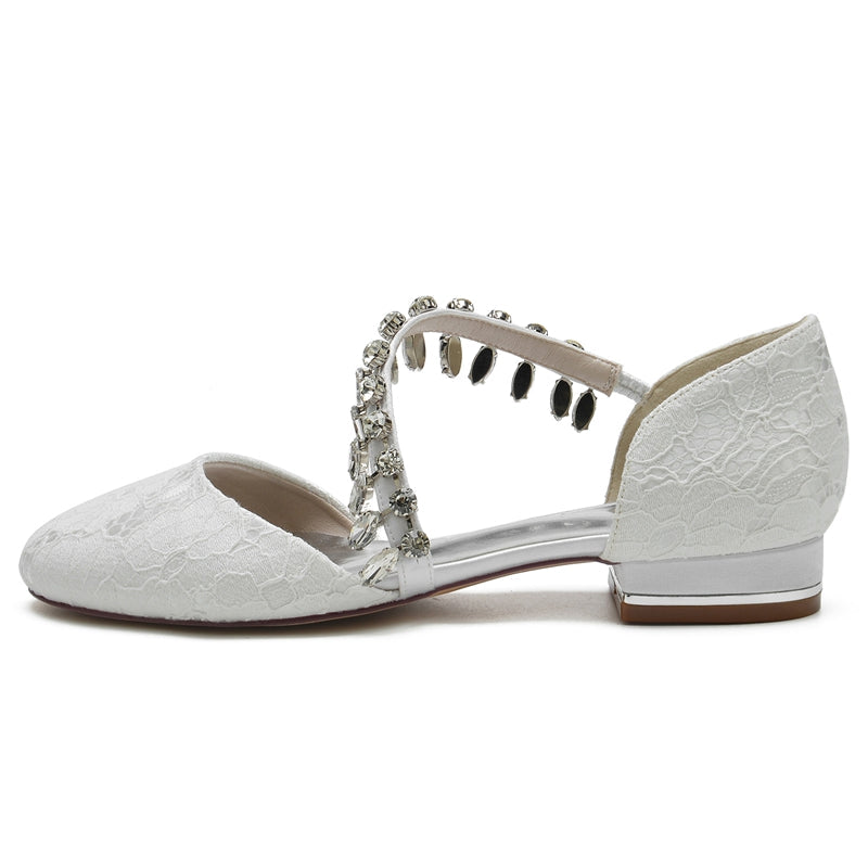 Women's Wedding Shoes Closed Toe Low Heel Lace Rhinestone Strap Bridal Shoes