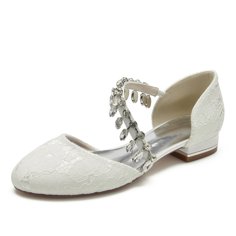 Women's Wedding Shoes Closed Toe Low Heel Lace Rhinestone Strap Bridal Shoes