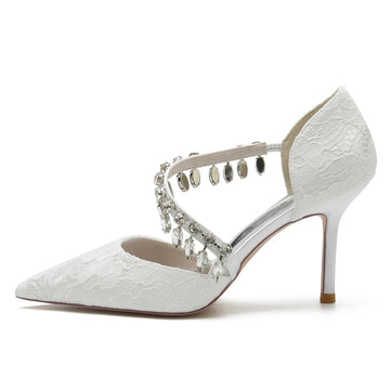 Women's Wedding Shoes Pointed Toe Stiletto Heel Lace Rhinestone Strap Bridal Shoes