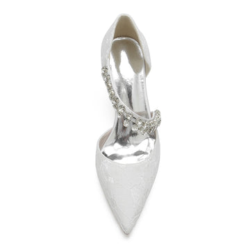 Women's Wedding Shoes Pointed Toe Stiletto Heel Lace Rhinestone Strap Bridal Shoes