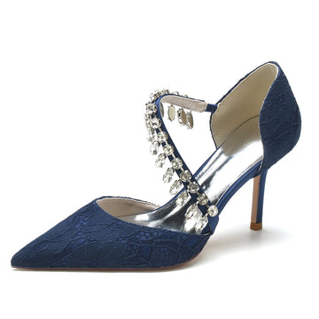 Women's Wedding Shoes Pointed Toe Stiletto Heel Lace Rhinestone Strap Bridal Shoes
