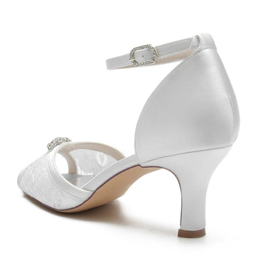 Women's Wedding Shoes Opened Toe Mid Heel Lace Rhinestone Buckle Bridal Shoes
