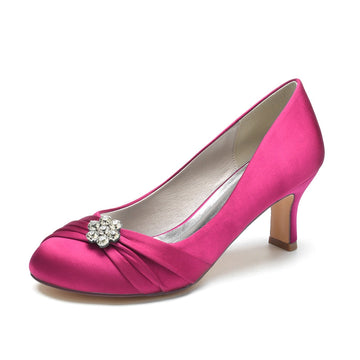 Women's Wedding Shoes Round Toe Mid Heel Comfortable Bridal Shoes with Rhinestone & Ruffles