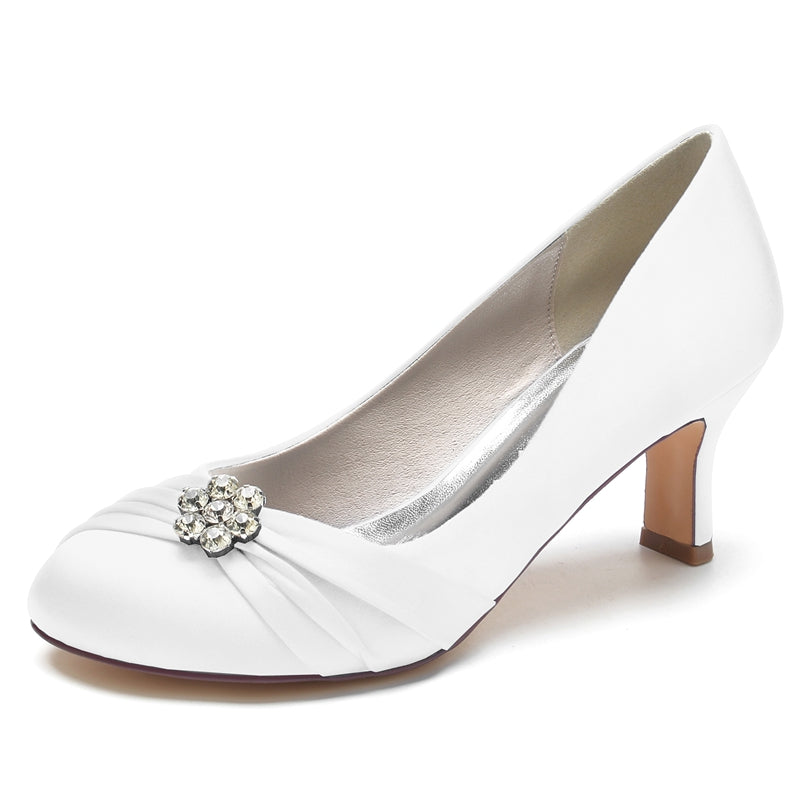 Women's Wedding Shoes Round Toe Mid Heel Comfortable Bridal Shoes with Rhinestone & Ruffles