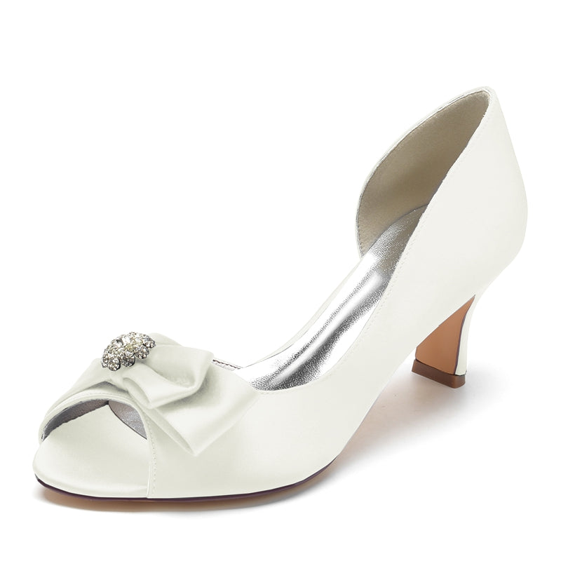 Women's Wedding Shoes Open Toe Mid Heel Delicate Bridal Shoes with Rhinestone & Bow
