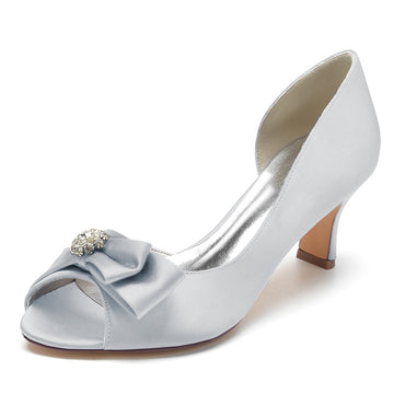 Women's Wedding Shoes Open Toe Mid Heel Delicate Bridal Shoes with Rhinestone & Bow