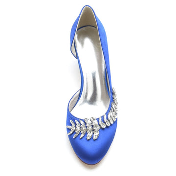 Women's Wedding Shoes Dark Blue Closed Toe Mid Heel Crystal Elegant Bridal Shoes