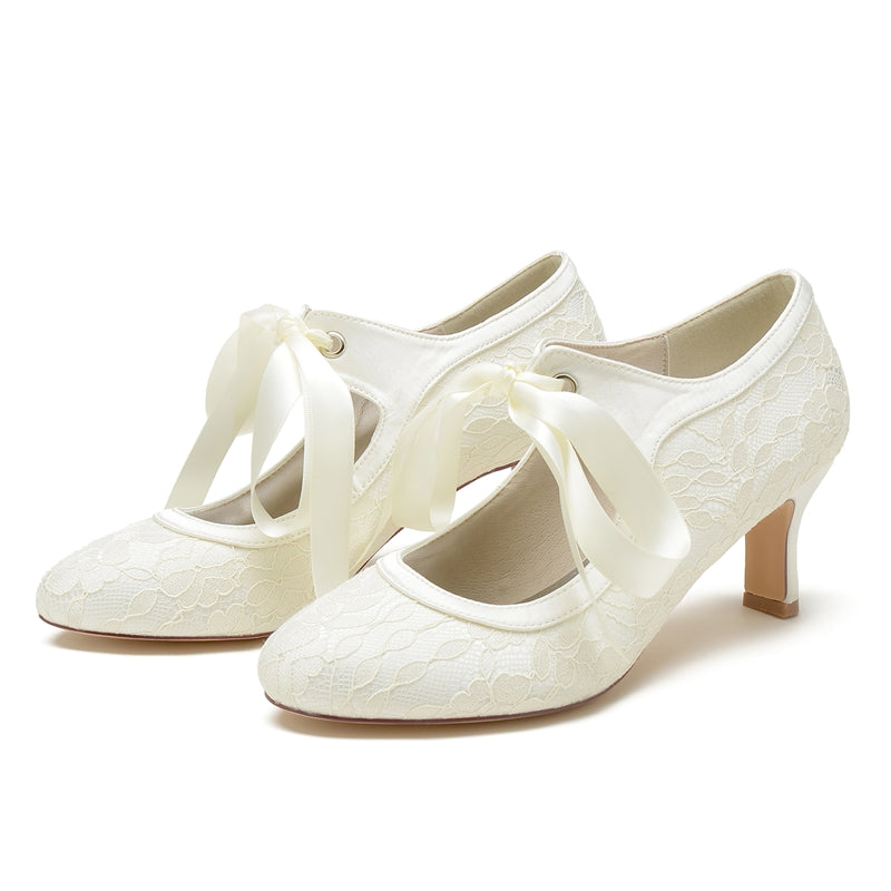 Women's Wedding Shoes Round Toe Mid Heel Lace Stylish Bridal Shoes with Bow Straps