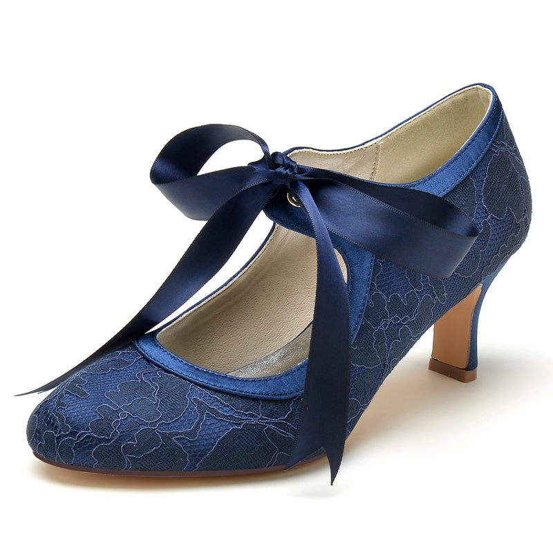 Women's Wedding Shoes Round Toe Mid Heel Lace Stylish Bridal Shoes with Bow Straps