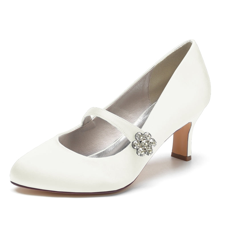 Women's Wedding Shoes White Round Toe Mid Heel Simple Bridal Shoes