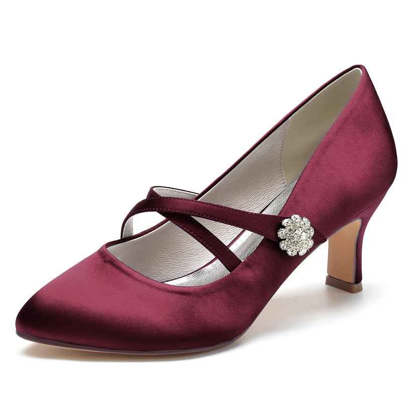 Women's Wedding Shoes Round Toe Mid Heel Crossed Straps Stylish Bridal Shoes with Rhinestone