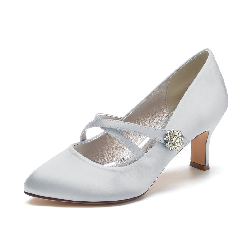Women's Wedding Shoes Round Toe Mid Heel Crossed Straps Stylish Bridal Shoes with Rhinestone