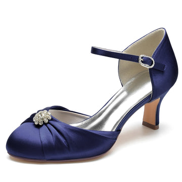 Women's Wedding Shoes Closed Toe Mid Heel Buckle Bridal Shoes with Rhinestone & Ruffles