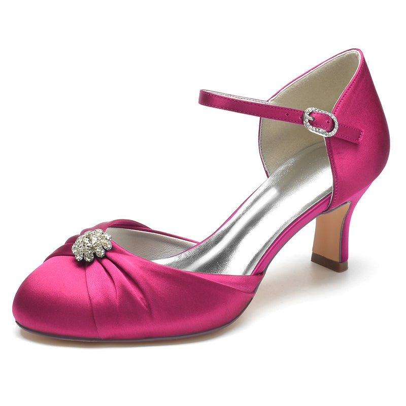 Women's Wedding Shoes Closed Toe Mid Heel Buckle Bridal Shoes with Rhinestone & Ruffles