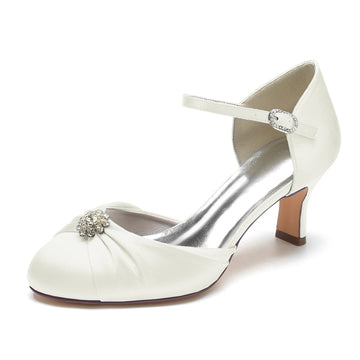 Women's Wedding Shoes Closed Toe Mid Heel Buckle Bridal Shoes with Rhinestone & Ruffles