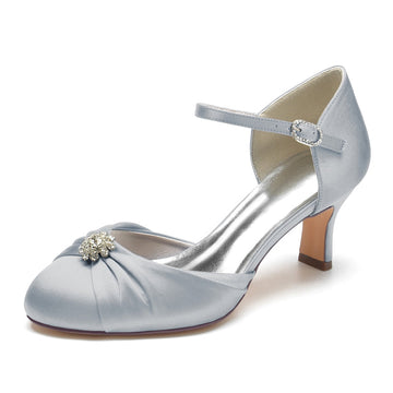 Women's Wedding Shoes Closed Toe Mid Heel Buckle Bridal Shoes with Rhinestone & Ruffles