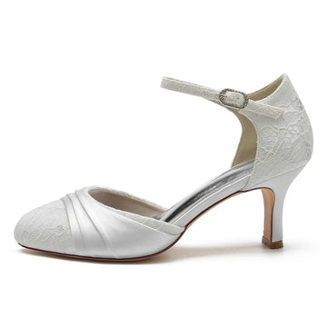 Women's Wedding Shoes Closed Toe Mid Heel Lace Exquisite Buckle Bridal Shoes with Ruffles