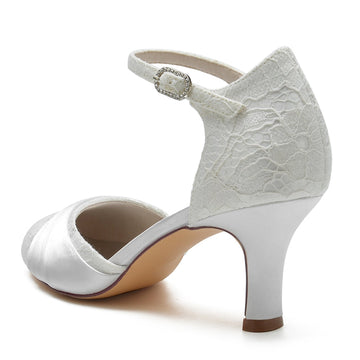 Women's Wedding Shoes Closed Toe Mid Heel Lace Exquisite Buckle Bridal Shoes with Ruffles