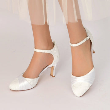 Women's Wedding Shoes Closed Toe Mid Heel Lace Exquisite Buckle Bridal Shoes with Ruffles