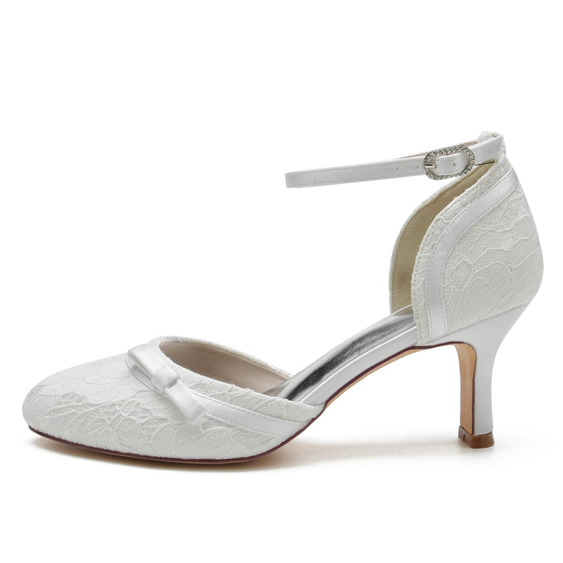 Women's Wedding Shoes Closed Toe Lace Exquisite Buckle Bridal Shoes with Bowknot