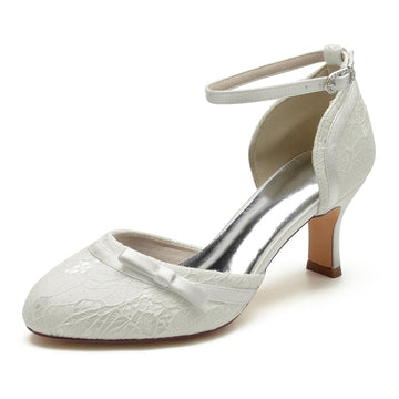 Women's Wedding Shoes Closed Toe Lace Exquisite Buckle Bridal Shoes with Bowknot