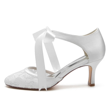 Women's Wedding Shoes Black Round Toe Mid Heel Elegant Bridal Shoes with Bow Straps