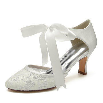 Women's Wedding Shoes Black Round Toe Mid Heel Elegant Bridal Shoes with Bow Straps