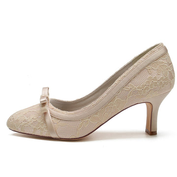 Women's Wedding Shoes Round Toe Mid Heel Lace Exquisite Bridal Shoes with Bowknot