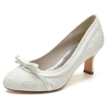 Women's Wedding Shoes Round Toe Mid Heel Lace Exquisite Bridal Shoes with Bowknot