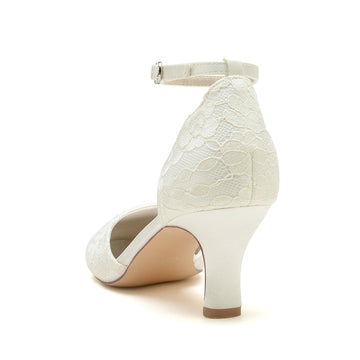 Women's Wedding Shoes Ivory Round Toe Mid Heel Lace Chic Buckle Bridal Shoes