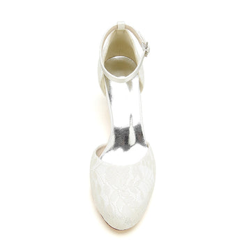 Women's Wedding Shoes Ivory Round Toe Mid Heel Lace Chic Buckle Bridal Shoes