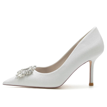 Women's Wedding Shoes Closed Toe Stiletto Heel Chic Bridal Shoes with Square Rhinestone