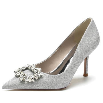 Women's Wedding Shoes Closed Toe Stiletto Heel Chic Bridal Shoes with Square Rhinestone
