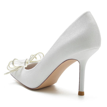 Women's Wedding Shoes White Closed Toe High Heel Bridal Shoes with Bow & Rhinestone