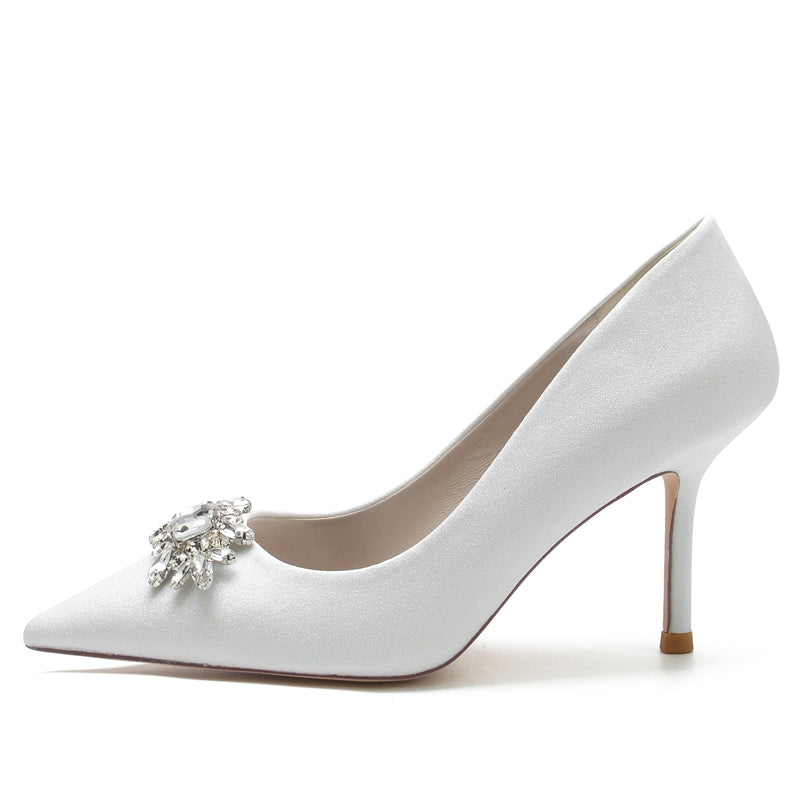 Women's Wedding Shoes White Closed Toe Sparkling Stretch Glitter Bridal Shoes with Rhinestone