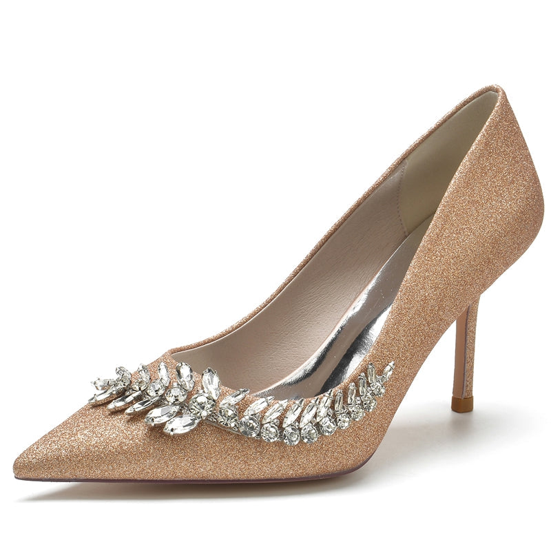 Women's Wedding Shoes Silver Pointed Toe Stiletto Heel Sparkling Bridal Shoes with Rhinestone