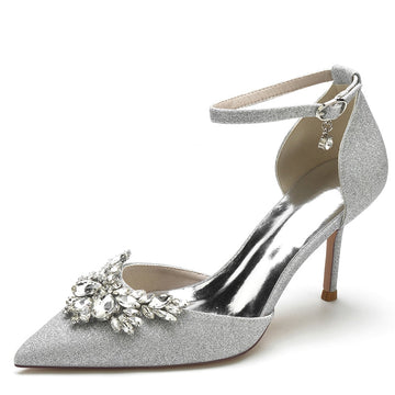 Women's Wedding Shoes White Pointed Toe Sparkling Buckle Bridal Shoes with Rhinestone