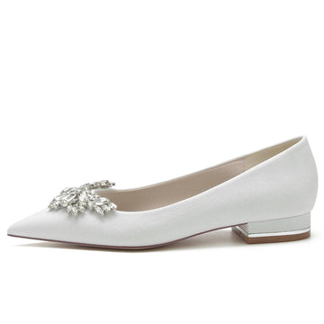 Women's Wedding Shoes White Closed Toe Low Heel Classic Bridal Shoes with Delicate Rhinestone