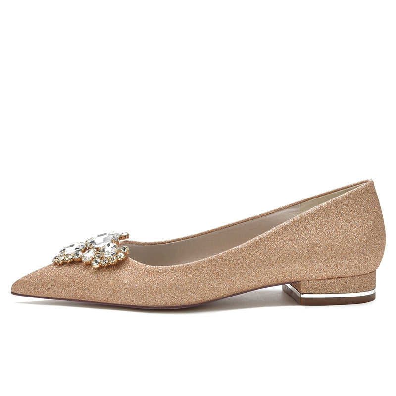 Women's Wedding Shoes Closed Toe Flat Heel Elegant Bridal Shoes with Rhinestone